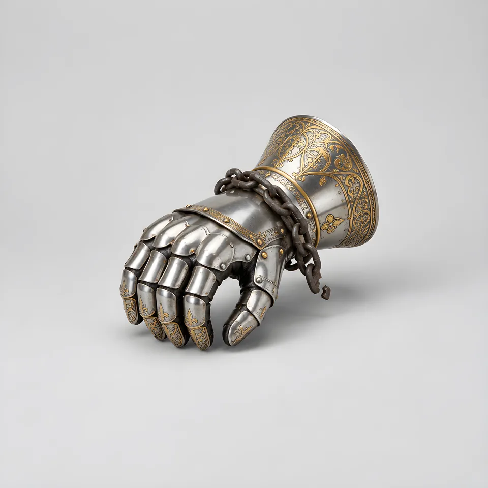 A silver plate gauntlet with a broken iron chain around the wrist.