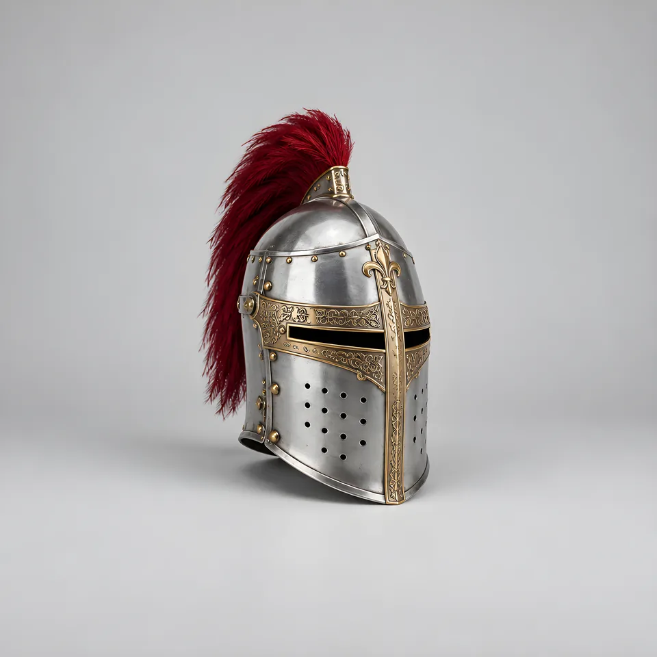 A silver great helm with gold filigree around the visor and a crimson plume.