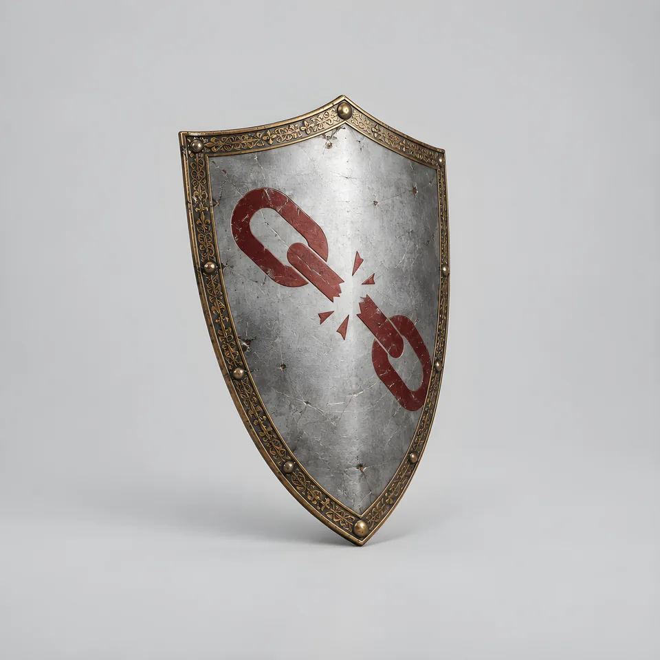 A silver heater shield bearing a crimson broken chain link.