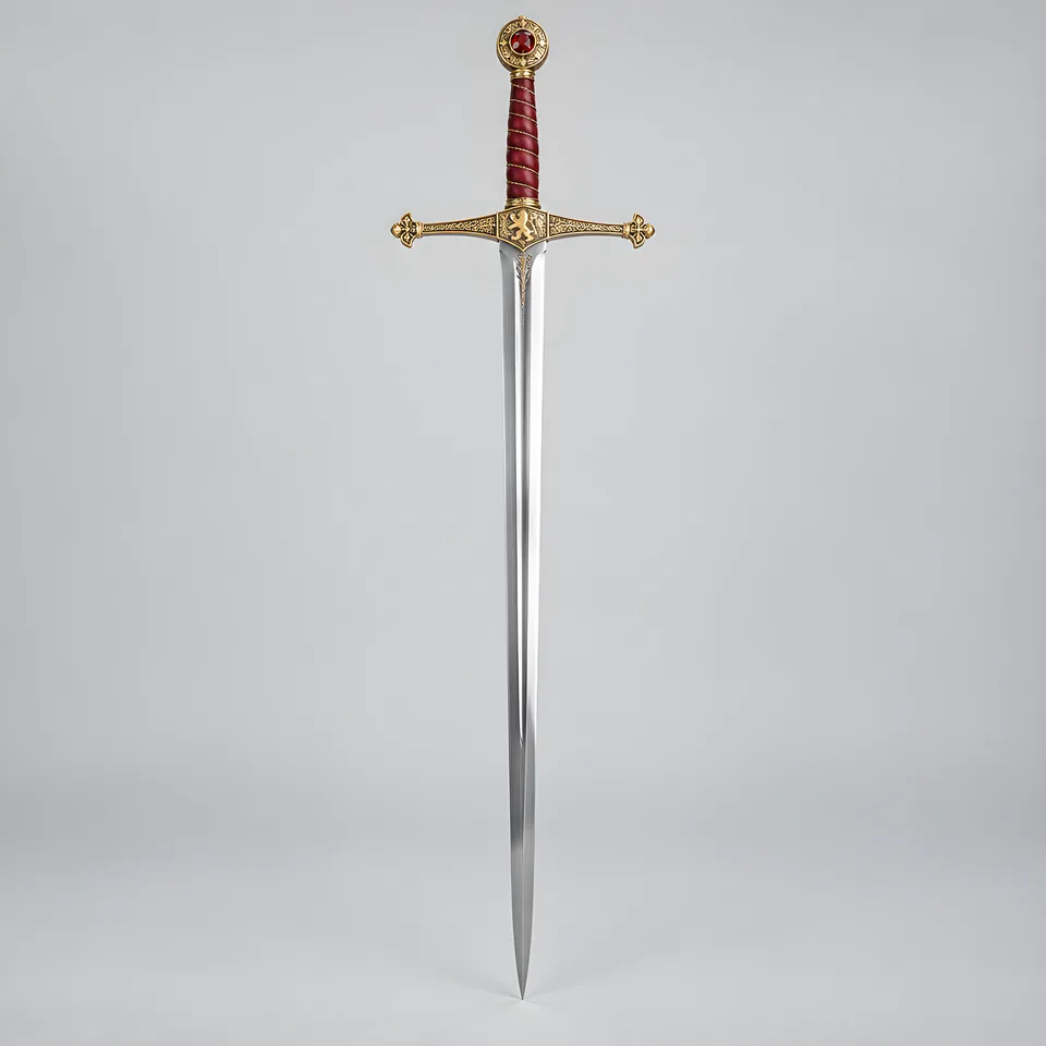 A longsword with a gold cross-guard, crimson grip and red pommel stone.