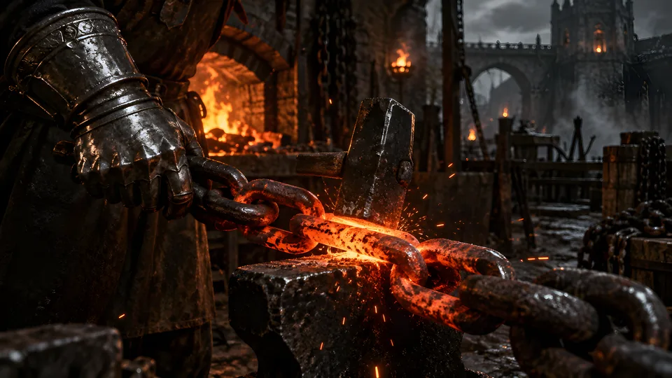 Glowing chain links hammered on an anvil in the Council's forge.