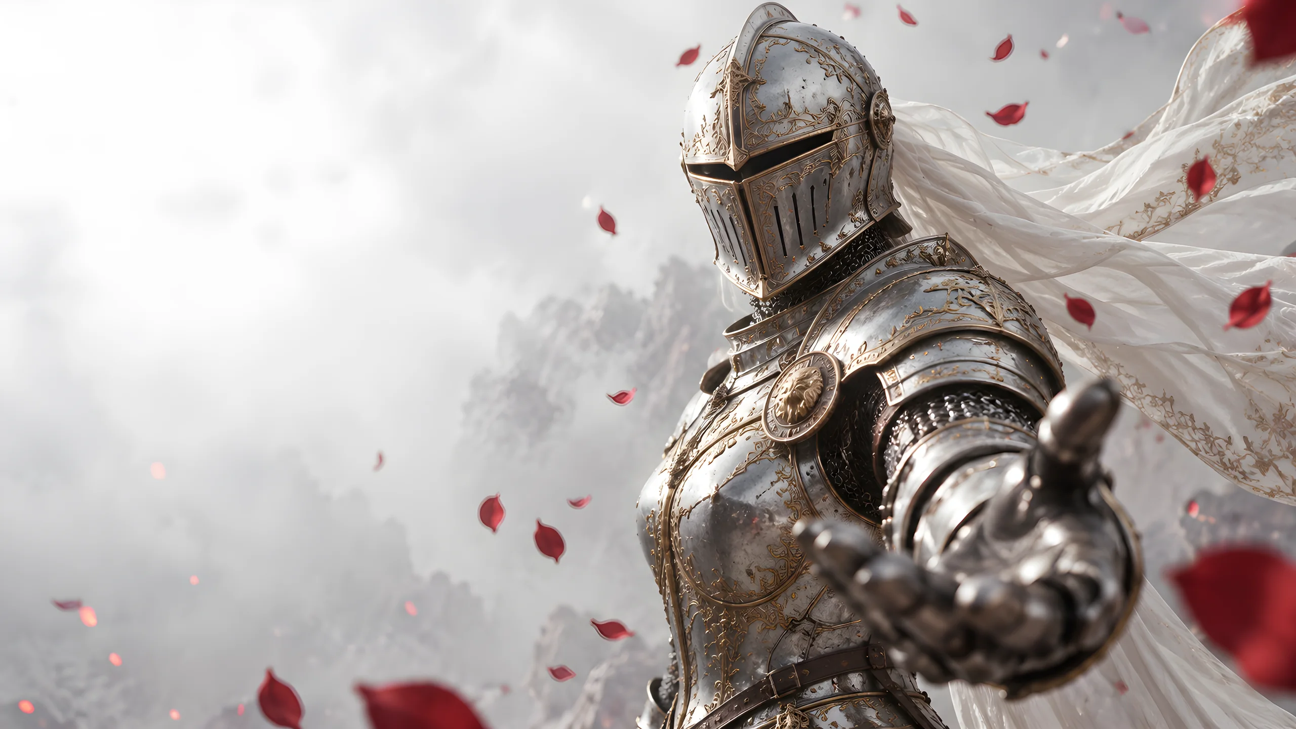 A knight woman in silver and gold plate armor, a white silk scarf streaming behind her through falling rose petals.