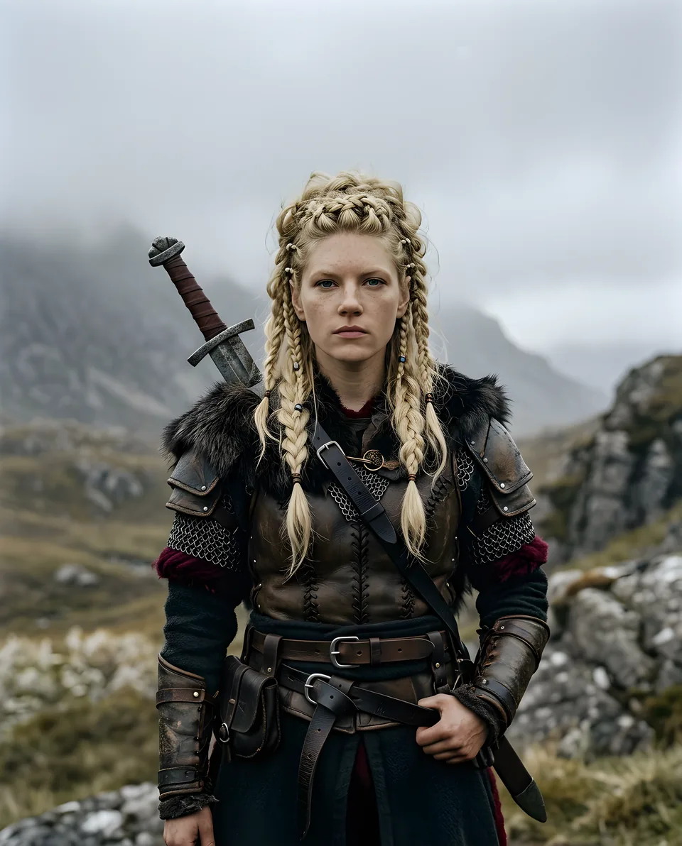A blonde shieldmaiden with braided hair and a sword across her back.