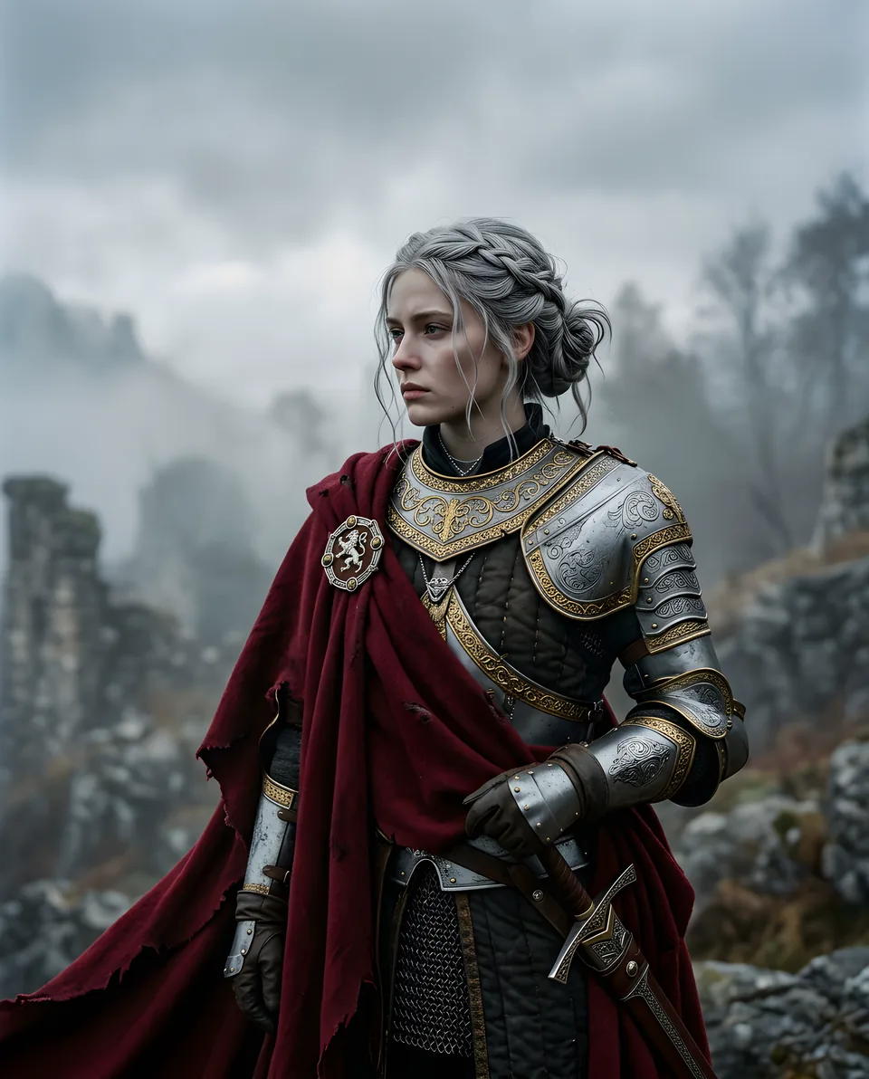 A silver-haired knight in engraved pauldrons and a crimson cloak.